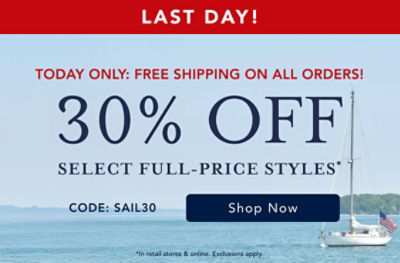 30% off select full price styles* free shipping on all orders*