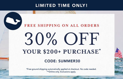 30% off $200+ purchase* + free shipping on all orders**